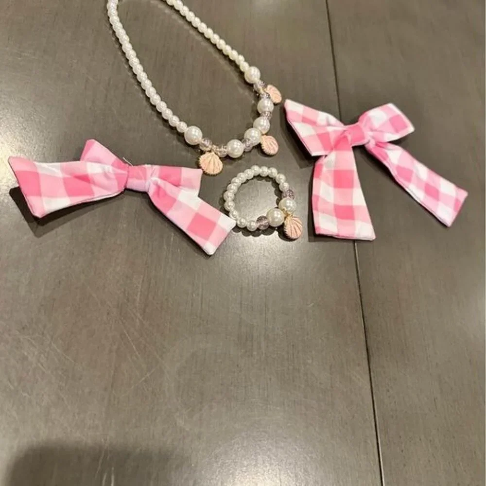 New: 50’s pink plaid dress‎ w jewelry & bows (9-10 years old)